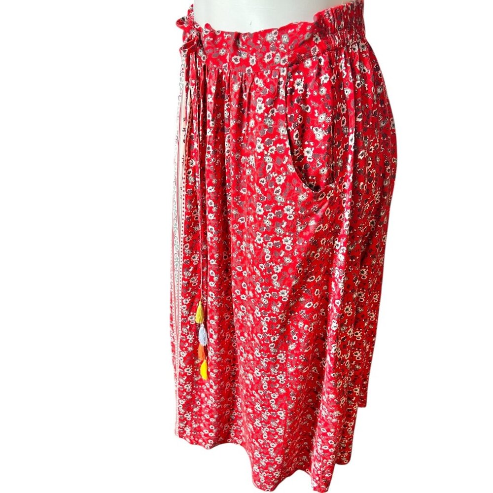 Dalin Women’s Skirt L Rayon Elastic Waist Dress Red Floral Tassel Tie Front - Picture 4 of 15